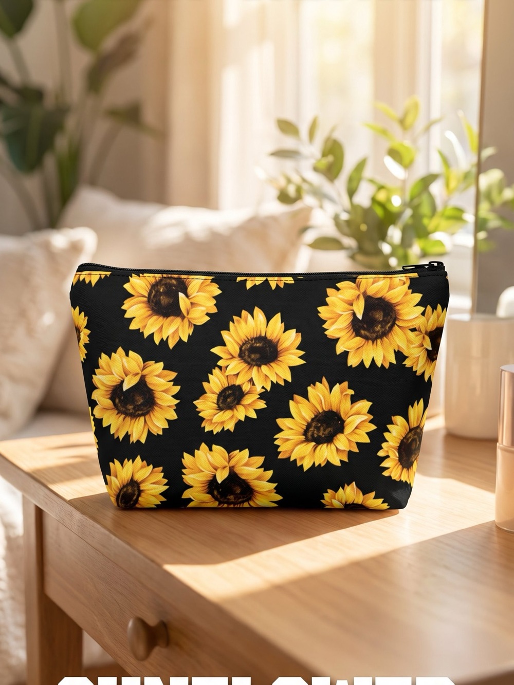 Sunflower Print Cosmetic Pouch - Black & Yellow